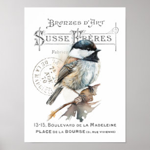 Poster Típica Francesa de Pássaro Chickadee Imprimível