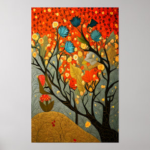 Poster Tipo William Morris árvores e flores decoradas