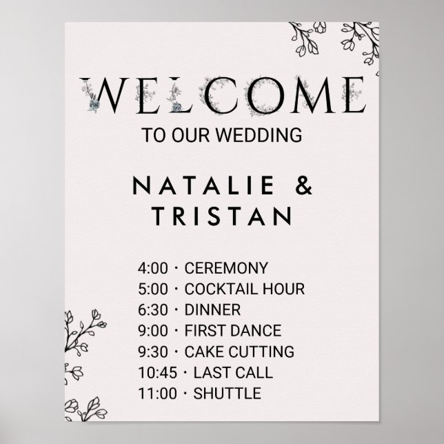 Póster Tipografia Floral Ordem de Casamento de Eventos (Frente)