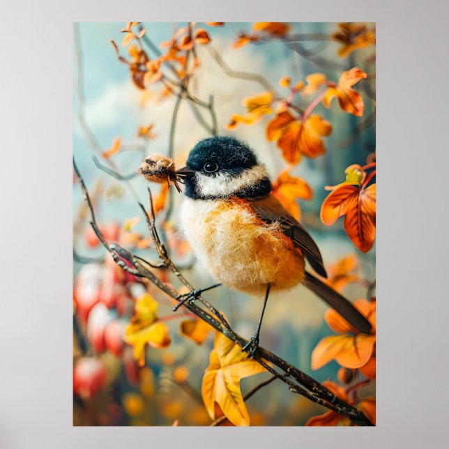 Poster Tit de feltro com lagartas no outono de Bush (Frente)