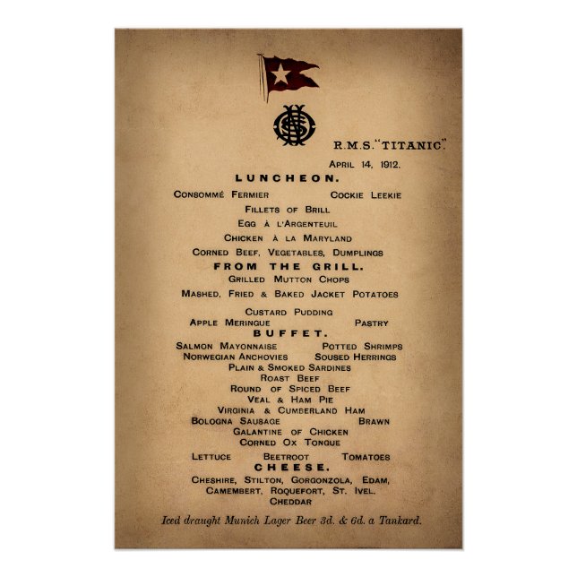 Póster TITANIC Final Luncheon Menu 1912 (Frente)