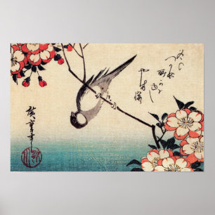 Poster Titmice em um ramo da cereja, Hiroshige