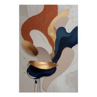 Póster Título Moderno Abstrato Terracota Azul Ouro Arte P