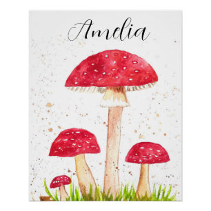 Póster Toadool Mushroom Floresta aquarela Vermelha Nature