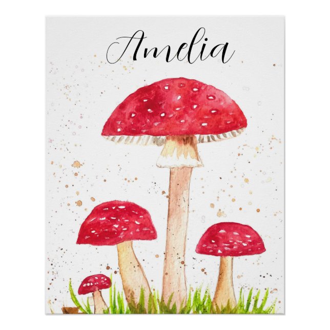 Póster Toadool Mushroom Floresta aquarela Vermelha Nature (Frente)
