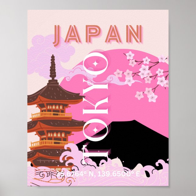 Poster Tóquio Japão Viagem Art, Retro-Viagem Art, Rosa (Frente)
