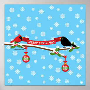 Poster Tordo e Cardinal Bonitos em Galho - FELIZ NATAL