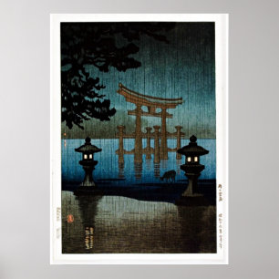 Póster Tori e cena Ukiyo-e do lago