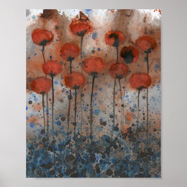 Poster Torneiras de laranja e Marinho, Flores de Aquarela (Frente)
