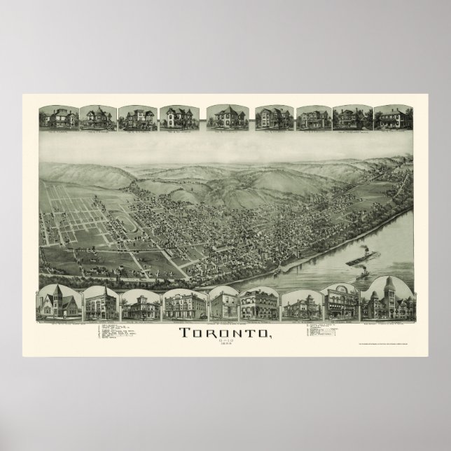 Póster Toronto, Mapa Panorâmico OH - 1889 (Frente)