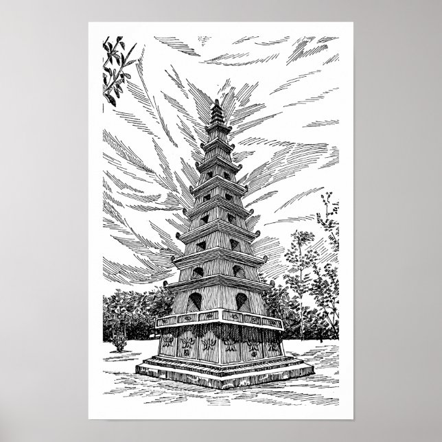 Poster Torre da Pagode Preta e Branca - Arte Esquemática  (Frente)