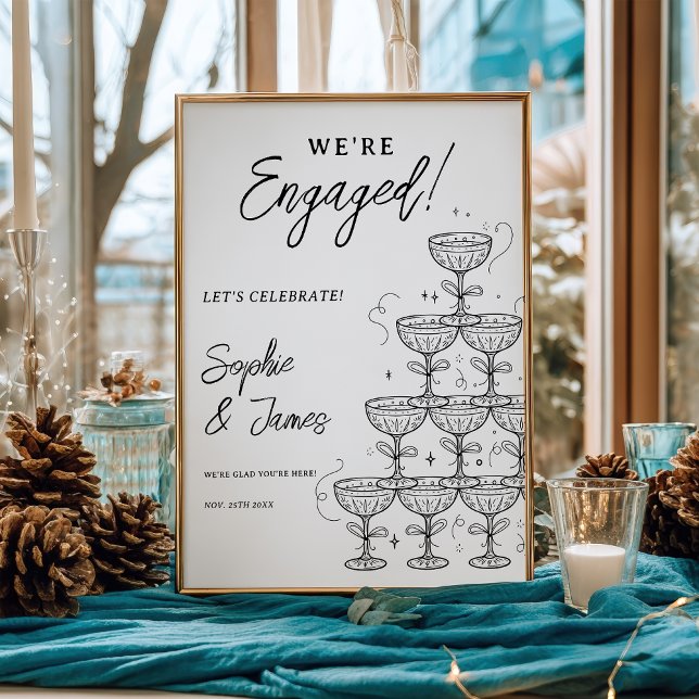 Poster Torre de Champagne Moderna Boas-Vindas de Noivado (Modern Champagne Tower Engagement Welcome Poster)