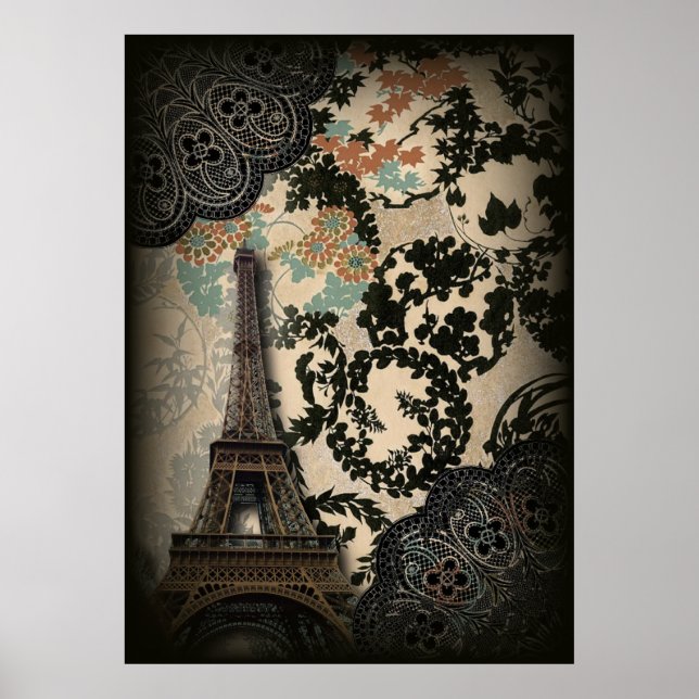 Poster torre de eiffel floral preto boêmio paris paris ei (Frente)
