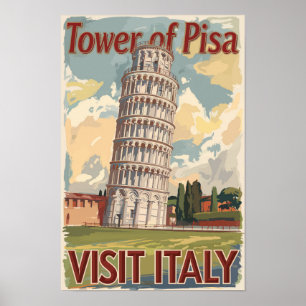 Poster Torre de Pisa Itália Arte de Viagem Pintura Vintag