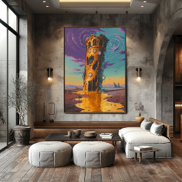 Poster Torre de Relógio de Fusão Surreal na Paisagem de D