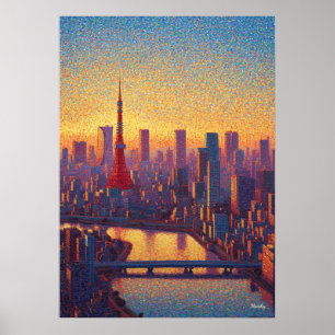 Poster Torre de Tóquio Pointilismo Silhueta do Por do Sol