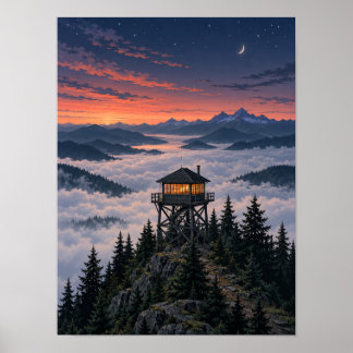 Poster Torre de Vigia de Incêndio ao Crepúsculo Acima da
