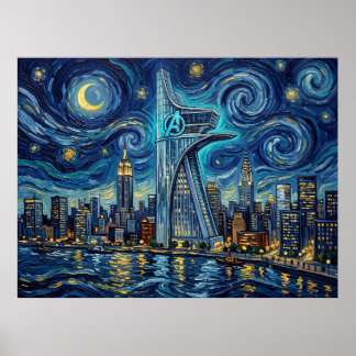 Poster Torre dos Vingadores Noite Estrelada Paisagem de Q