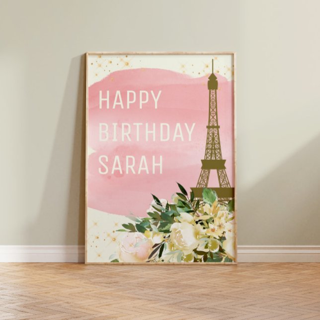 Poster Torre Eiffel Brilho Dourado Rosa Feliz Aniversário (Criador carregado)
