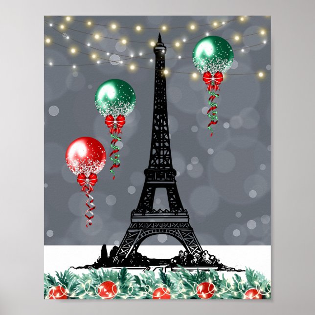 Poster Torre Eiffel de inverno, Balões de Natal à noite (Frente)