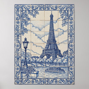 Poster Torre Eiffel de Paris Arte Azulejo Português Azul