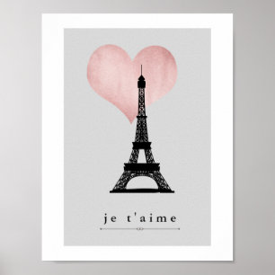 Póster Torre Eiffel de Paris com coração Dourado Rosa Je