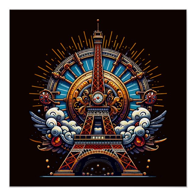 Póster Torre Eiffel Dia da Bastilha Steampunk (Frente)