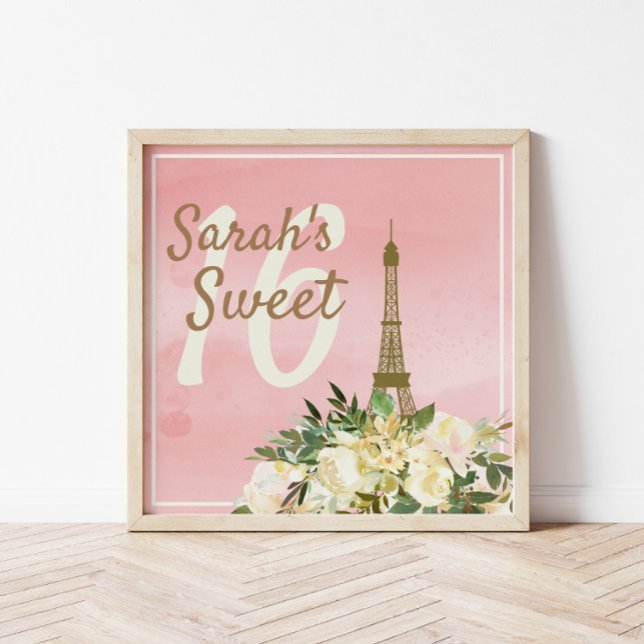 Poster Torre Eiffel Dourada rosa personalizada Doce 16 An (Pink Eiffel Tower Sweet 16 poster)