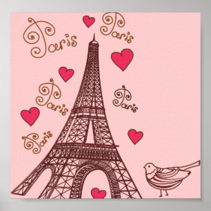 Póster Torre Eiffel e corações no rosa
