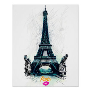 Póster Torre Eiffel Esboço Impressão, Desenho de Linha, P