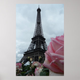 Poster Torre Eiffel linda com rosas rosa Paris