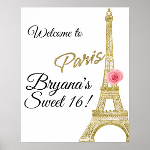 Póster Torre Eiffel Paris Brilho Dourado Rosa Rosa França