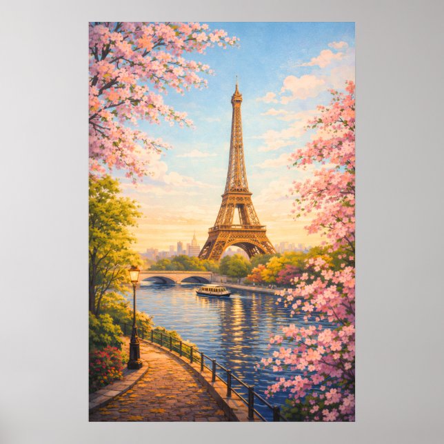 Poster Torre Eiffel Paris França Flores de Cerejeira Vint (Frente)