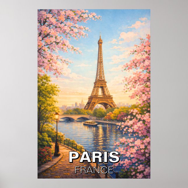 Poster Torre Eiffel Paris França Flores de Cerejeira Vint (Frente)