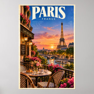 Poster Torre Eiffel Paris França Pôr do Sol Café Viagem P