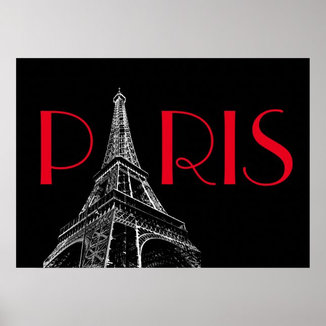 Poster Torre Eiffel Paris Viagem Preto Branco Vermelho Ar (Frente)
