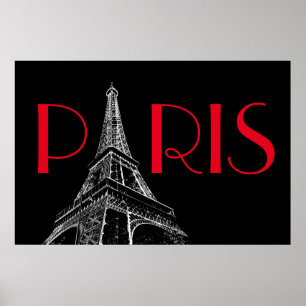 Poster Torre Eiffel Paris Viagem Preto Branco Vermelho Po