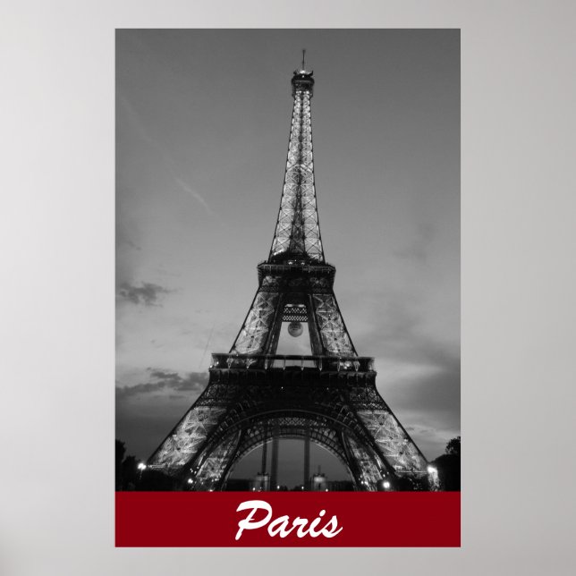 Póster Torre Eiffel Preta e Branca na Noite de Paris (Frente)