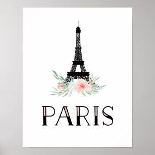 Poster Torre Eiffel Trendy e Flores Rosa Blush   Paris