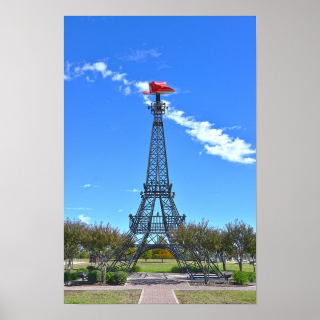 Poster Torre Eiffel Usando Chapéu de Cowboy Vermelho, Par (Frente)