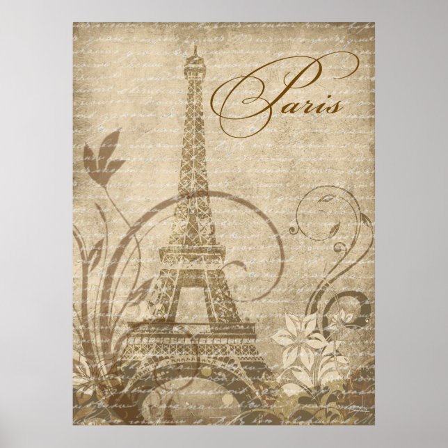Póster Torre Fleur de Paris Eiffel 30"x40" e areia (Frente)