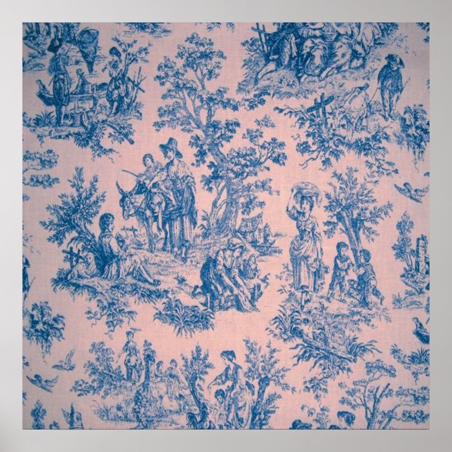 Poster Torre francesa de jouy azul e rosa elegante (Frente)