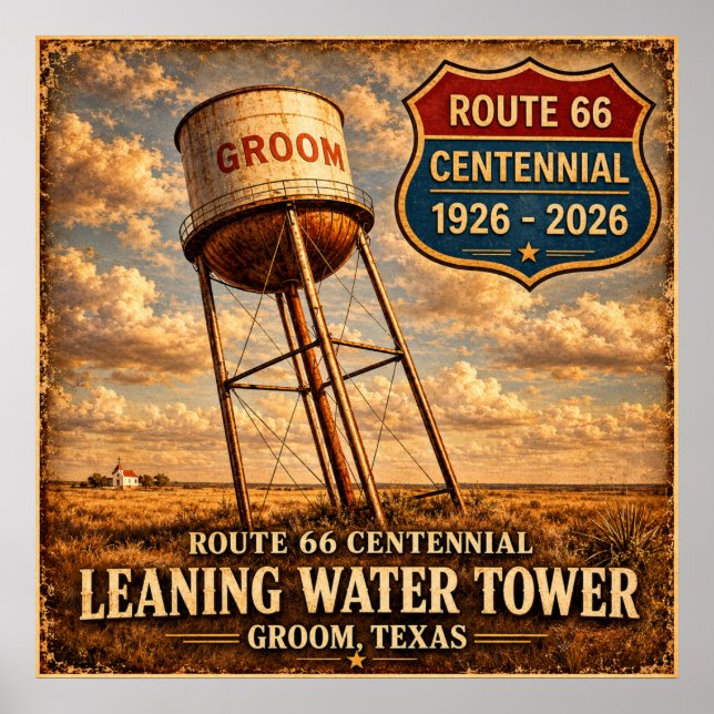 Poster Torre Inclinada da Rota 66 do Texas (Frente)