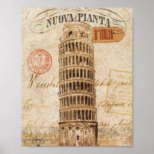 Póster Torre inclinada do vintage de Pisa