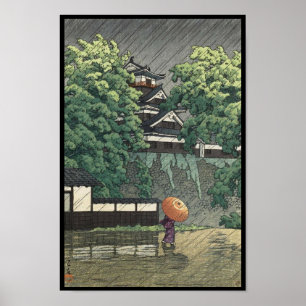 Póster Torre Udo, Castelo Kumamoto em chuva Kawase Hasui