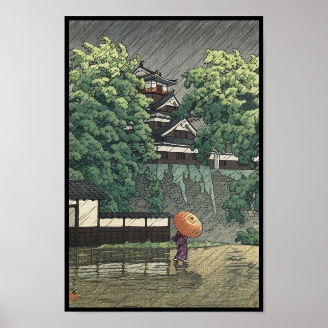 Póster Torre Udo, Castelo Kumamoto em chuva Kawase Hasui (Frente)