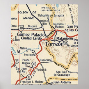 Poster Torreon e Matamoros México Mapa de Vintage