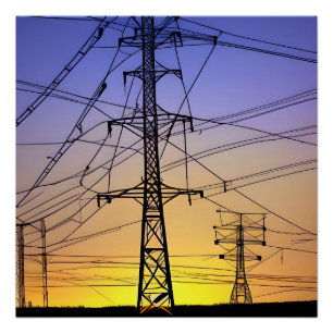 Póster Torres de energia do céu roxo e amarelo