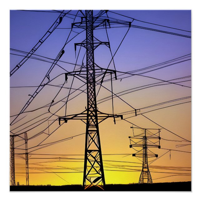Póster Torres de energia do céu roxo e amarelo (Frente)