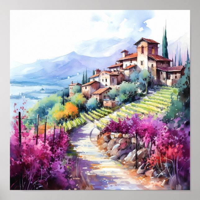 Poster Toscânia Winery Watercolor Art (Frente)